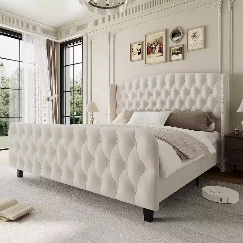 51 Tall Bed Frame with Deep Button Tufted Wingback Headboard and Footboard, Velvet Upholstered Platform Bed Frame, No Box Spring Needed