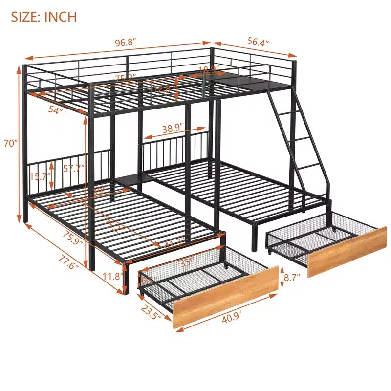 Full over Twin & Twin Bunk Bed Frame for 3 Kids, L Shaped Metal Triple Bunk Bed with Drawers and Guardrails