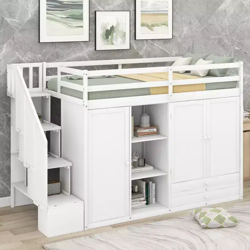 Loft Bed with 3 Shelves, 2 Wardrobes and 2 Drawers, Ladder with Storage