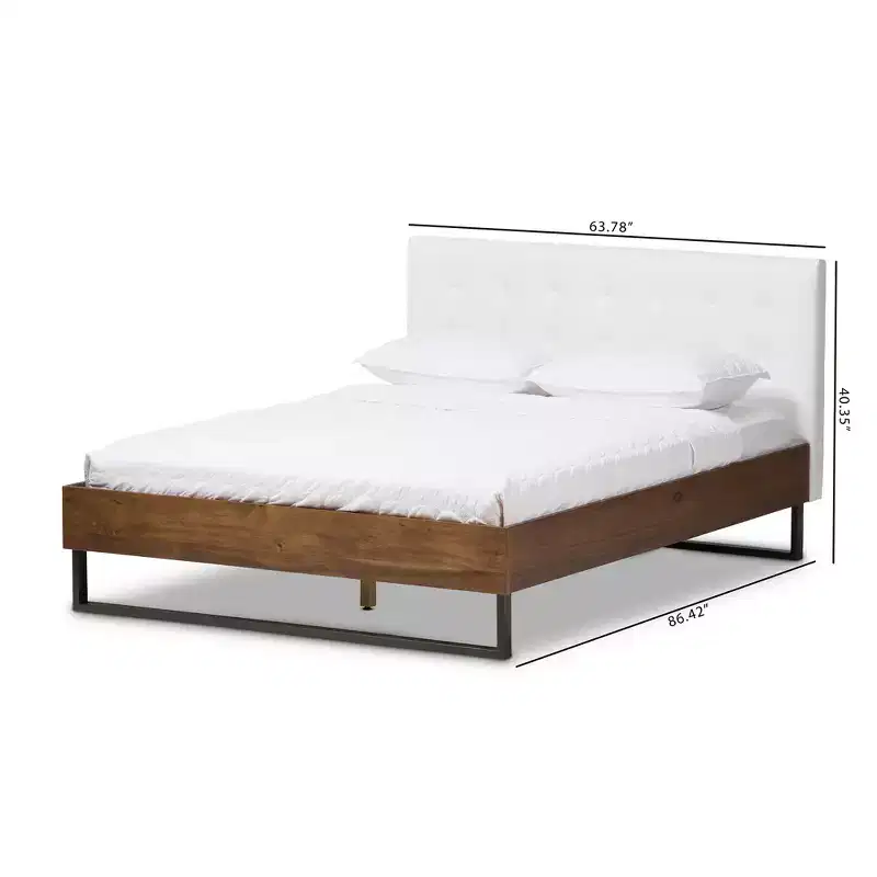 Queen Mitchell Rustic Industrial Walnut & Faux Leather Bed - Baxton Studio: Steel Legs, Padded Headboard