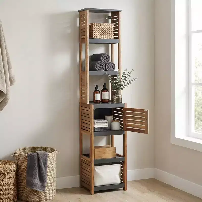 Evideco French Home Goods Bathroom Linen Storage Tower Cabinet Elements Acacia - Gray Wood