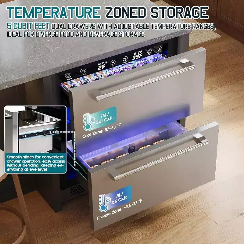 AMERLIFE Under Counter Drawer Fridge  Stainless Steel Dual-Zone Beverage Refrigerator