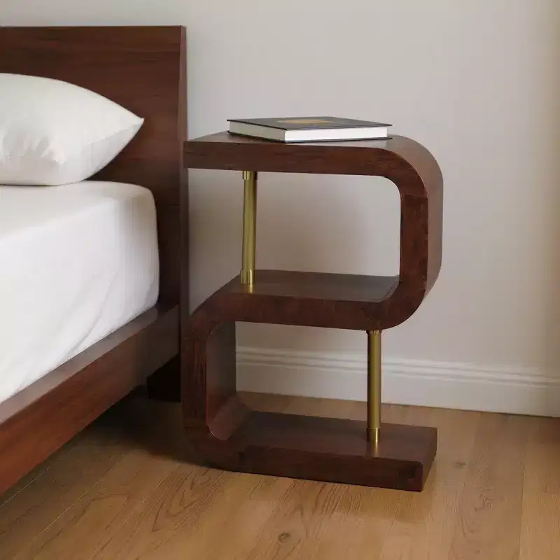 Solid Mango Wood S-Shaped Nightstand with 2 Shelves & Gold Accents 17.7''W x 23.6''H Chestnut