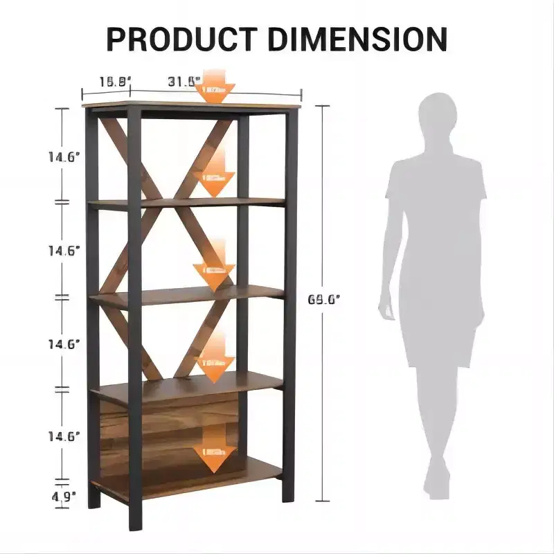 LED Bookshelf with Light Bar, 4 or 5 Tier Ladder Shelf PB Board and Iron Frame Vintage Color for Living Room Bedroom