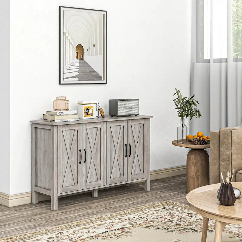 HOMCOM Buffet Cabinet, 47 Sideboard with 4 Barn Doors and 2 Adjustable Shelves, Farmhouse Coffee Bar Cabinet