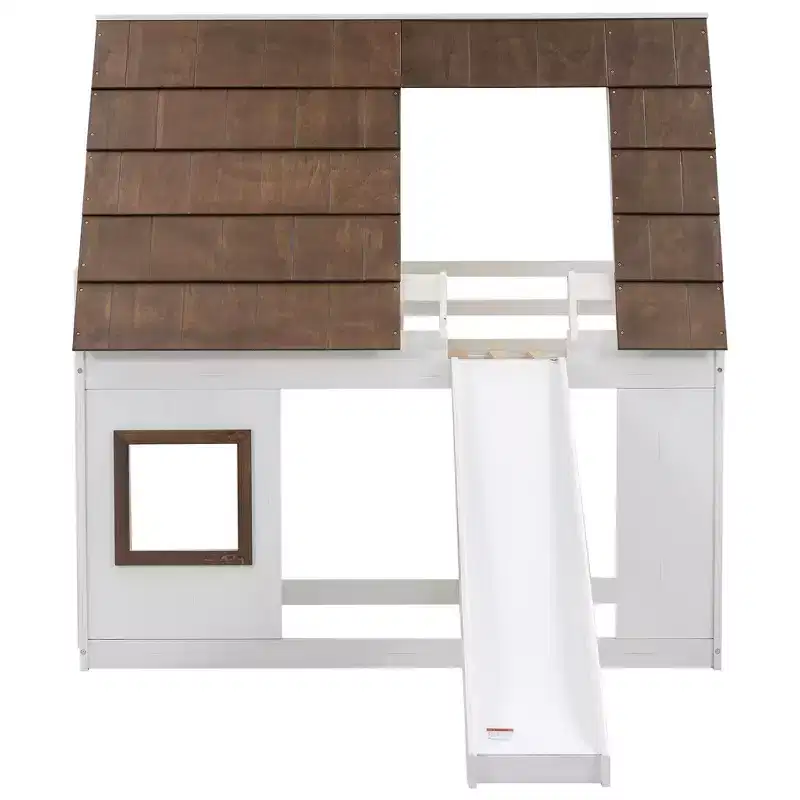 Bunk Bed Frame with Roof, Window, Guardrails & Built-in Ladder(Upgraded) - White & Brown