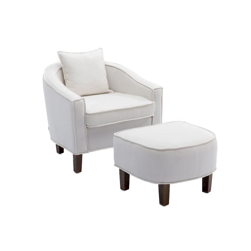 Mid-Century Upholstered Barrel Accent Round Arm Chair with Ottoman