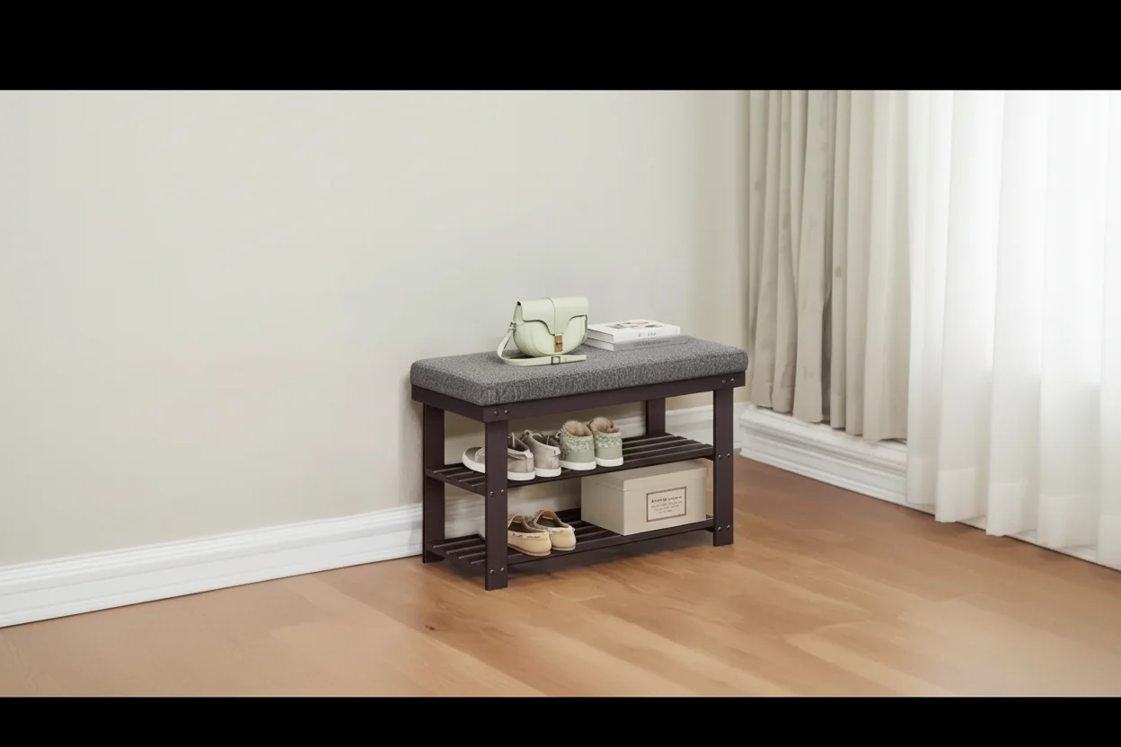 Bamboo Shoe Bench with Cushioned Seat, 3-Tier Shoe Rack, Brown/Gray, Holds up to 330 lb, 11.4 x 28 x 19.3 Inches