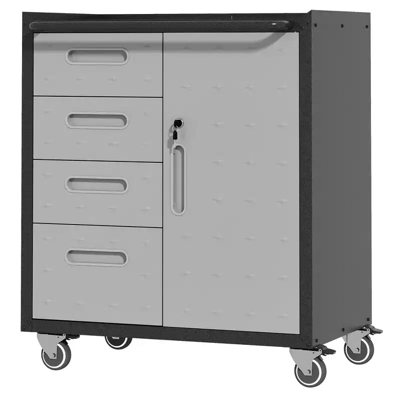 Black Steel Tool Cabinet with 4 Drawers & Lockable Compartment, Rolling, Single-User