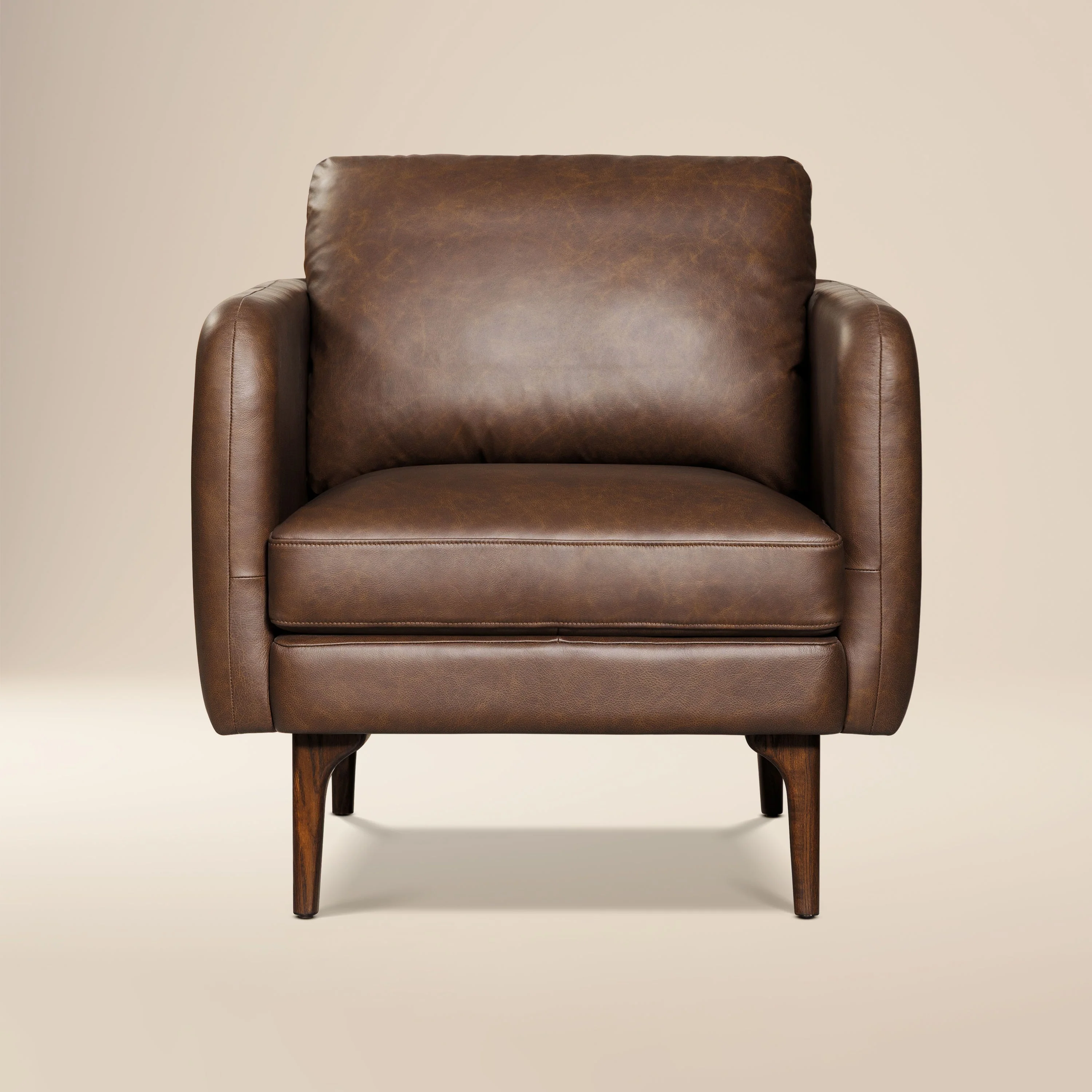 Mid-Century Modern Bridle Brown Leather Lounge Chair with Kiln-Dried