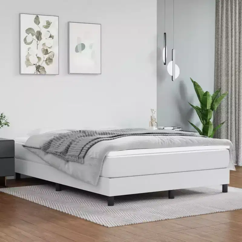 Queen Platform Bed Frame - White Faux Leather, Engineered Wood & Plywood, No Box Spring Needed