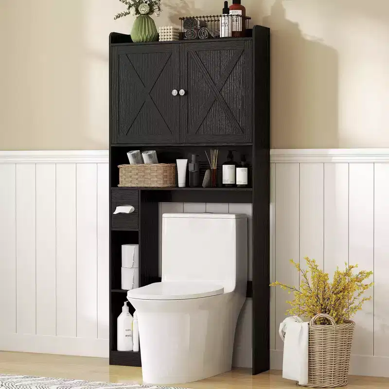 Over the Toilet Storage Cabinet, Farmhouse Above Toilet Bathroom Organizer with Barn Doors, Adjustable Shelf, Toilet Paper Holder