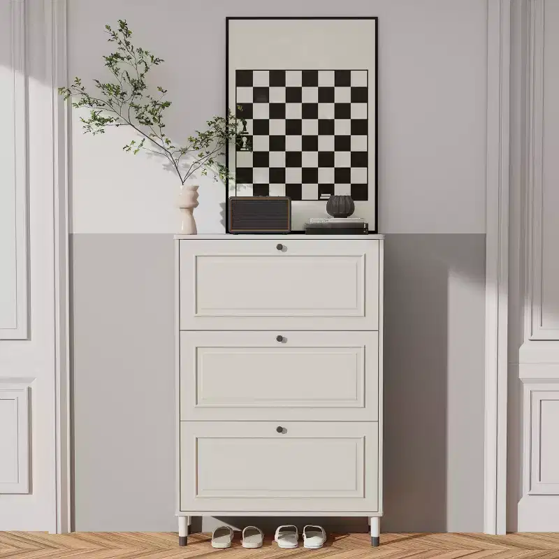 Entryway shoe cabinet, narrow shoe rack, shoe cabinet with 3 flip-top drawers, freestanding shoe cabinet with legs, entryway storage manager White