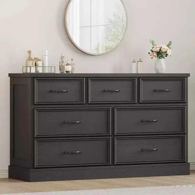 55 Wide 7 Chest of Drawers Storage, Farmhouse 7 Drawer Dresser with Sturdy Foundation, Wooden TV Stand for Bedroom Living Room Nursery