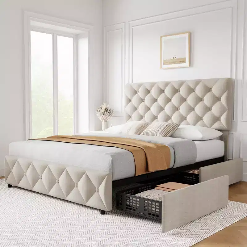 Garvee Full Size Bed Frame with 4 Storage Drawers and Headboard, Linen Upholstered Platform with Wooden Slats Support, No Box Spring Needed