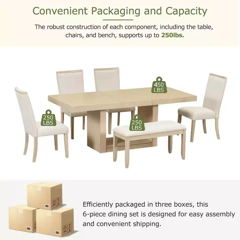 6 Piece Extendable Dining Table Set Dining Set with Removable Leaf, 4 Upholstered Dining Chairs and Bench, Natural+Beige - ModernLuxe