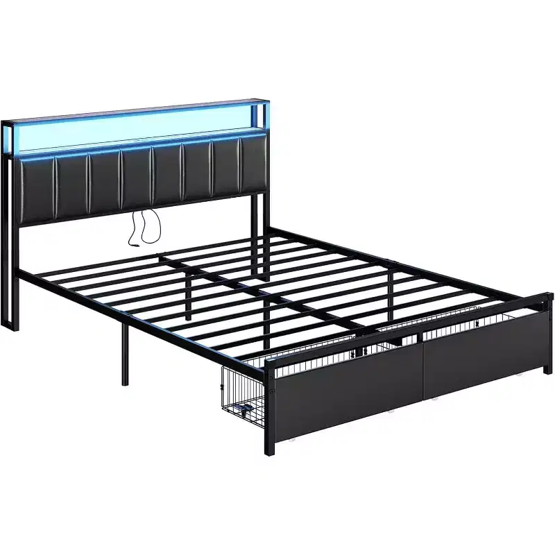 AMERLIFE LED Bed Frame with Drawers, 2-Tier Storage and Charging Station