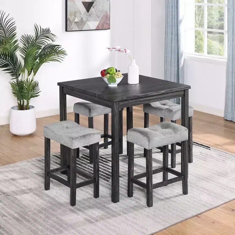 Okak 5-Piece Farmhouse Style Bar Dining Table Set & Bar Stools for Kitchen,Dining Room,Vintage Dinette Set with Solid Wood Frame