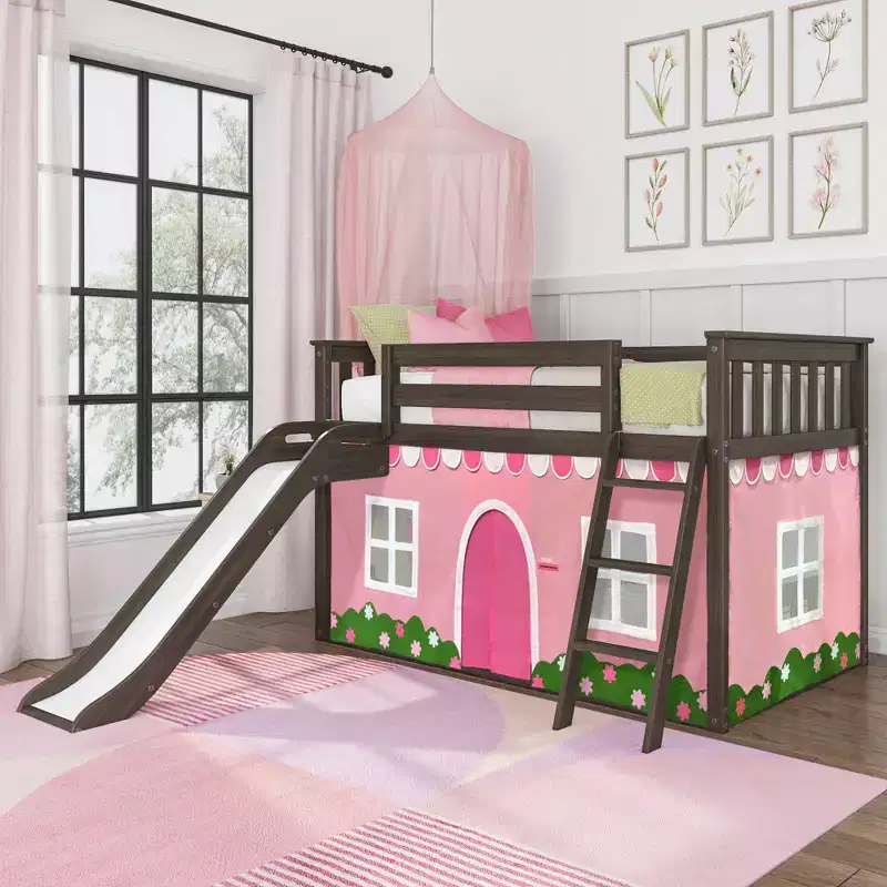 Solid Wood Twin Over Twin Low Bunk Bed with Slide, 84.5