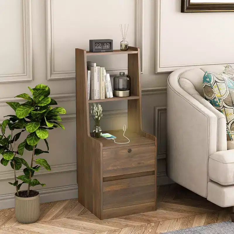 15-Inch Charging Station Bedside Table, Smart Nightstand with Bookshelf, Storage Compartment and Lockable Feature, Wood Finish
