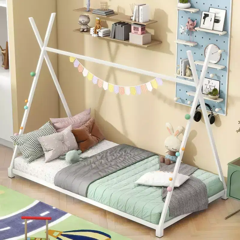 Twin Size Metal House Platform Bed with Triangle Structure for Bedroom, White