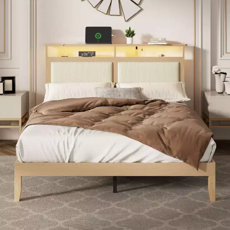 Modern Queen Bed Frame with Storage Headboard LED Lights Charging Station Corduroy Upholstered Bedframe Noise Free Wood Slats No Box Spring