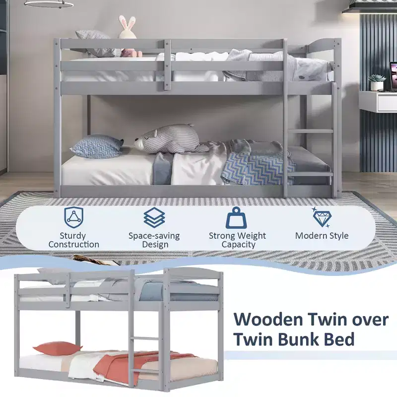 Costway Twin over Twin Low Bunk Bed with Guardrails Integrated Ladder Kids Wooden Grey/White/Beige/Pink