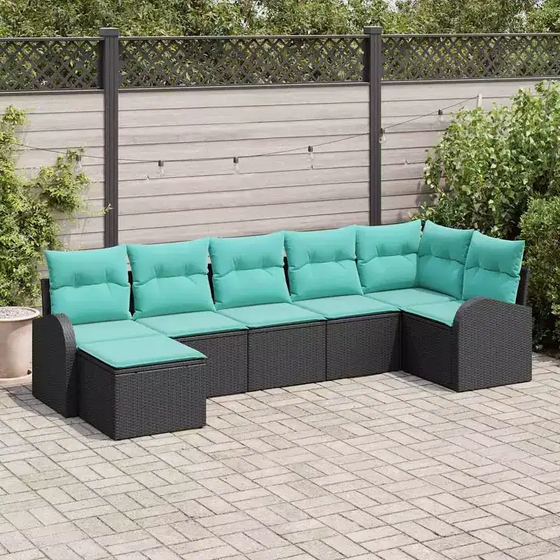 vidaXL Garden Sofa Set 7 pcs Black and turquoise Poly rattan - Black and turquoise without table