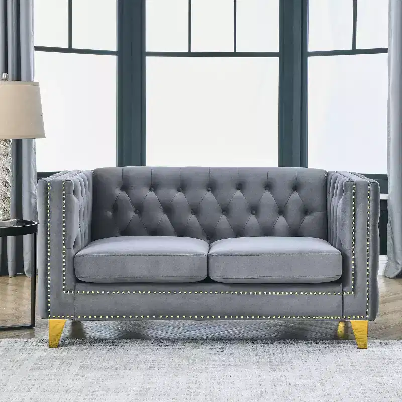Button-Tufted Velvet 2-Seater Sofa with Square Arms & Metal Legs, Nailhead Trim