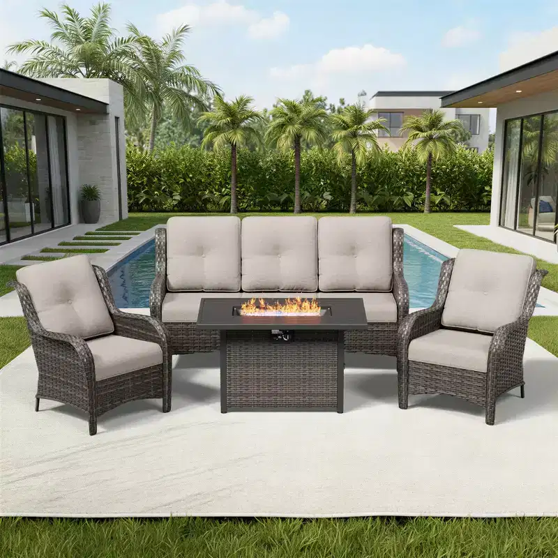 UPTIOT Outdoor Patio Set with Comfortable Sofa, Accent Chairs, and Multi-functional Fire Pit