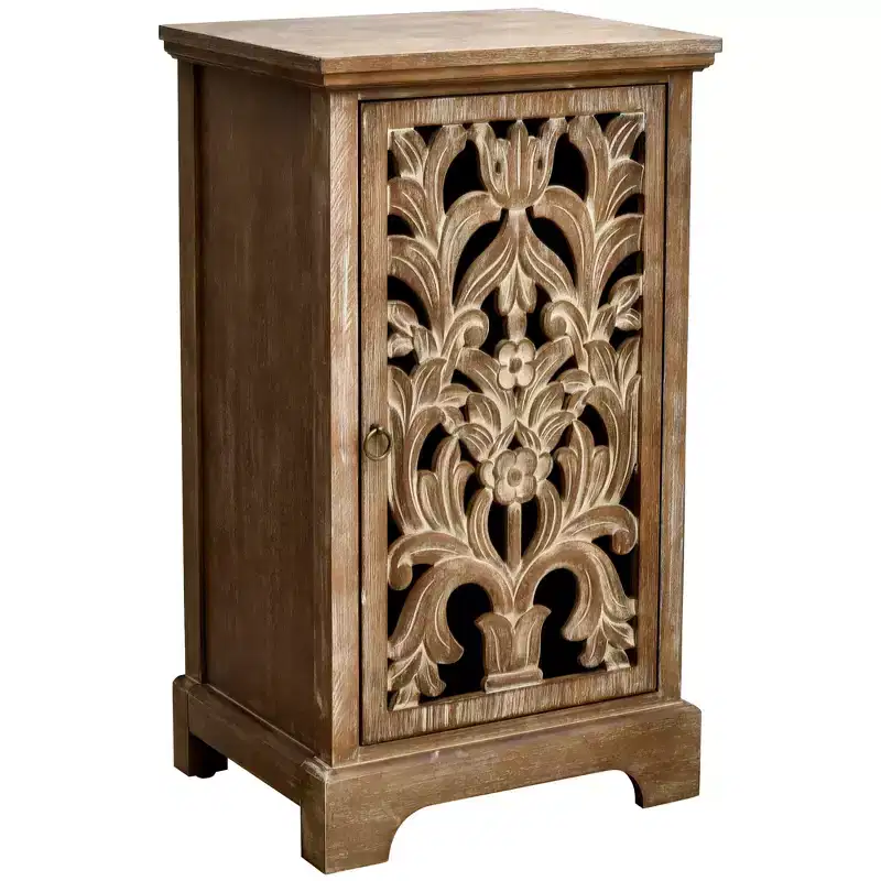 eHemco Vintage Hollow Carved Door End Table, 18 x 14 x 30.5 Inches, Storage Cabinet with Decorative Panel, Indoor Living Room Side Table, Natural