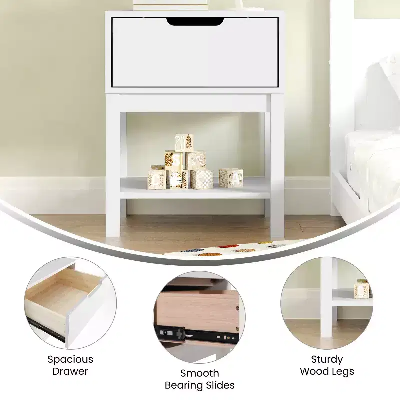 Kids Single-Drawer Nightstand with Solid Wood Frame & Open Shelf