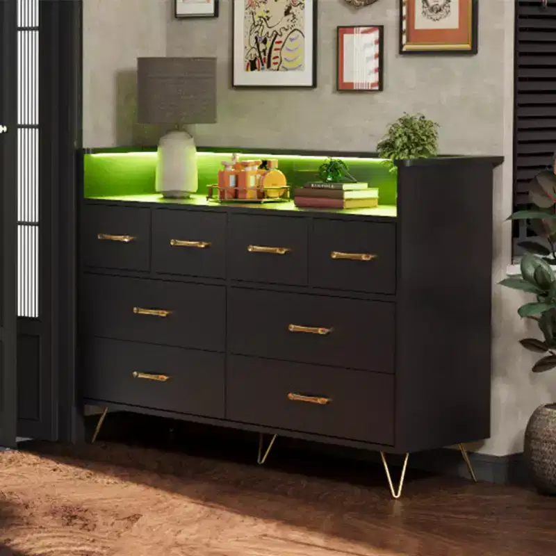 8-Drawer Dresser with Power Outlet, LED Lights & Gold Handles, Modern Wood Chest, White