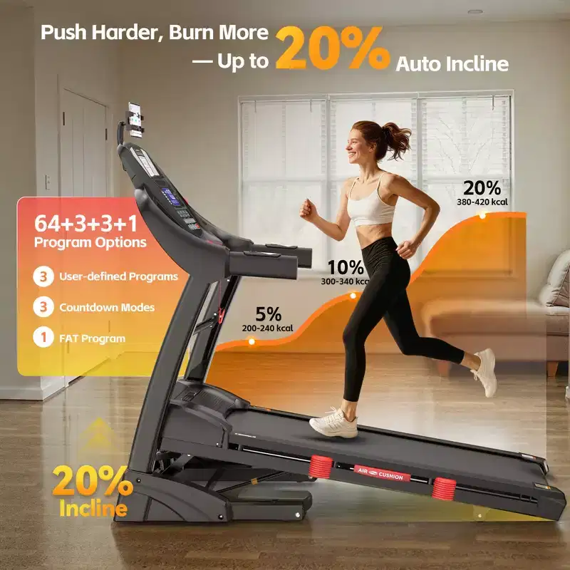 Folding Treadmill with 400lbs Capacity, Treadmill for Home with 20% Incline, Portable Treadmill with APP Control, 64+3+3+1Programs,Space-Saving Design
