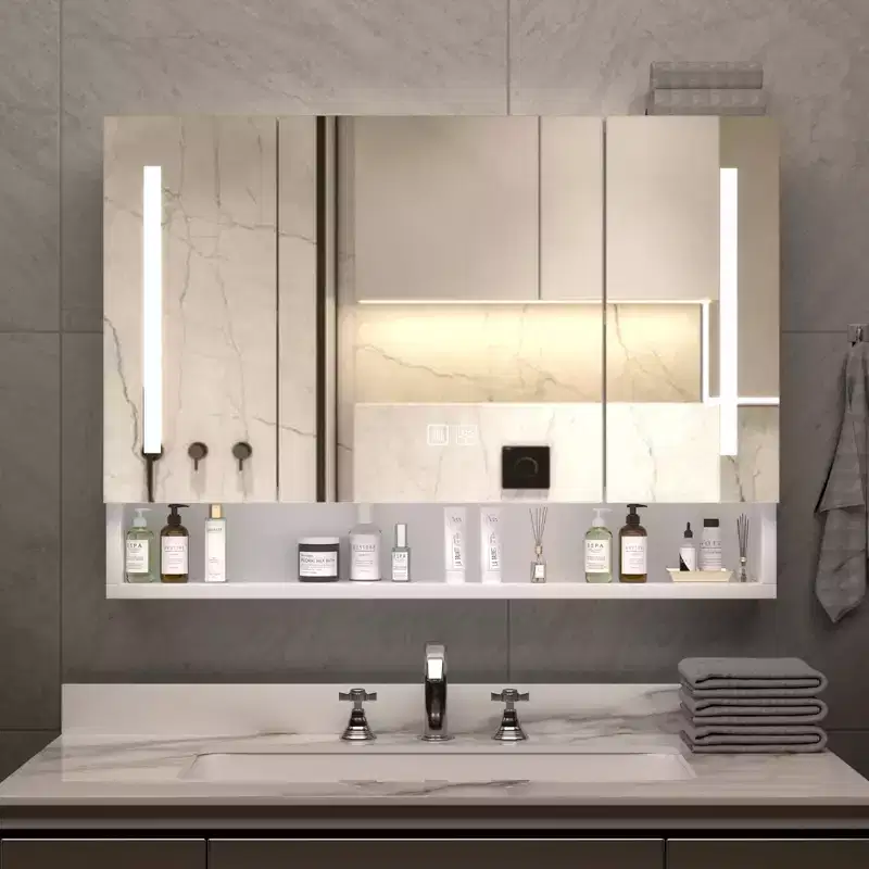 CASAINC 39x28 Inch Aluminum Bathroom Mirror Cabinet with LED Lights and Storage Compartments