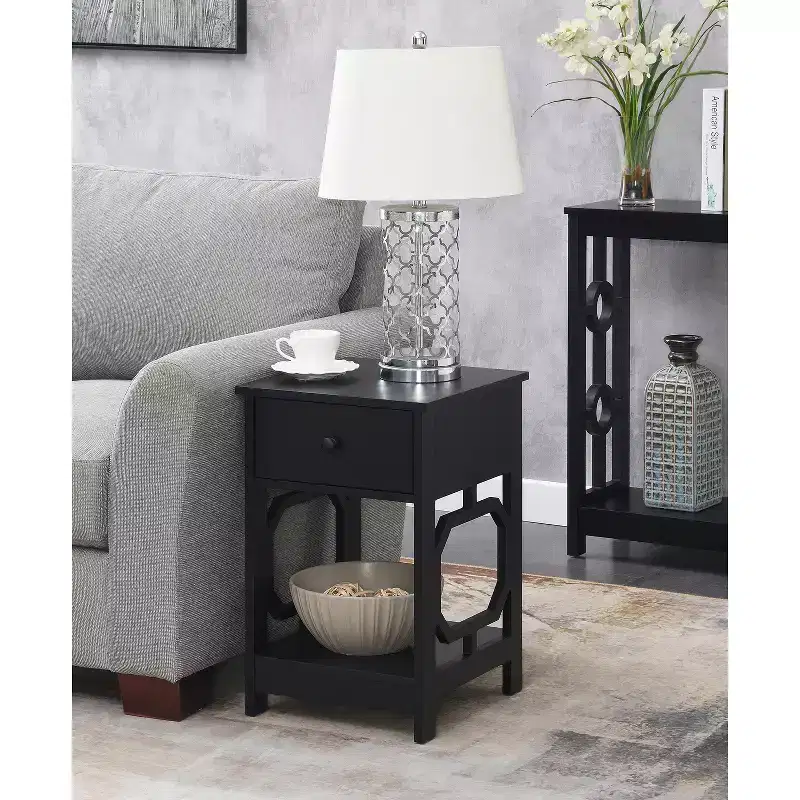 Belmont 1 Drawer End Table with Octagon Side Design, Two Tier Shelves and Pull Out Drawer, Stylish Accent Table for Bedroom Storage