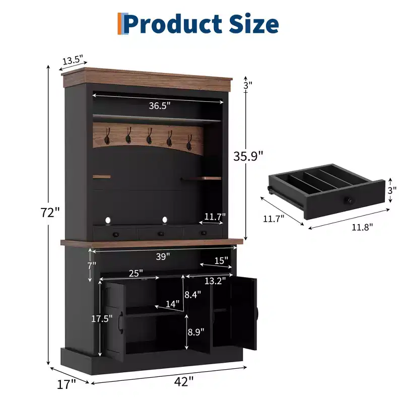 72'' Tall Coffee Bar Cabinet with LED Lights, Adjustable Shelves, Drawers, Glass Shelf, Ample Storage Sideboard Buffet for Living or Dining Room