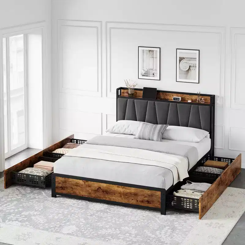 Bed Frame with Storage Linen Upholstered Headboard, 4 Drawers Platform Bed Frame with Charging Station, Vintage Brown