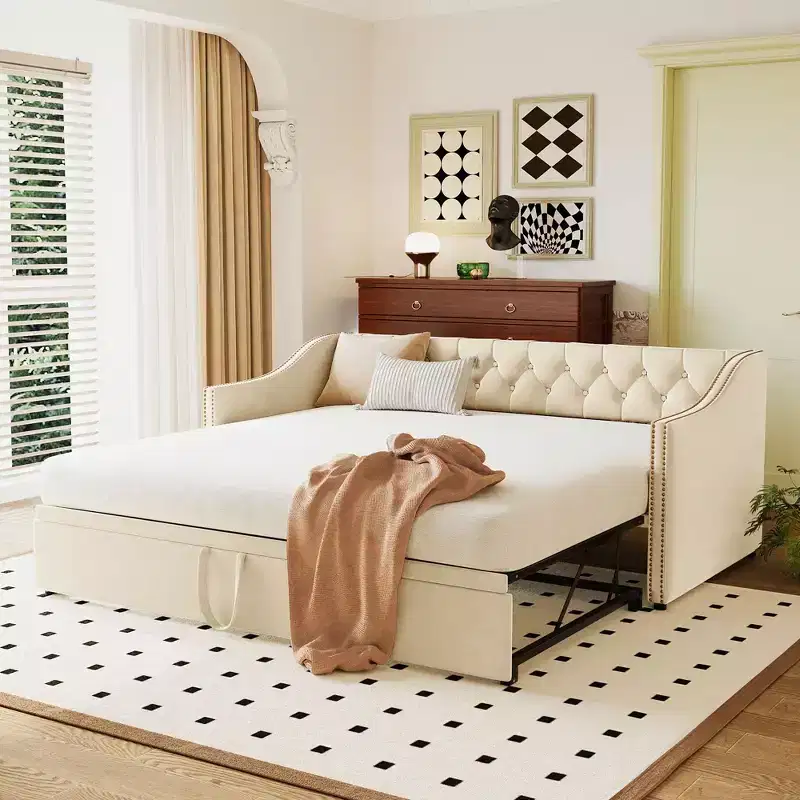 Twin Size Daybed with Pop Up Trundle, Upholstered Sofa Bed Frame with Backrest for Living Room, Bedroom & Guest Room