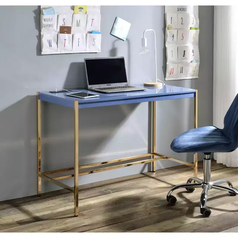 Okak 42.5IN Writing Desk with USB Ports, Standing Desk with Golden Metal Base, Computer Desk for Living Room, Office, Reading Room