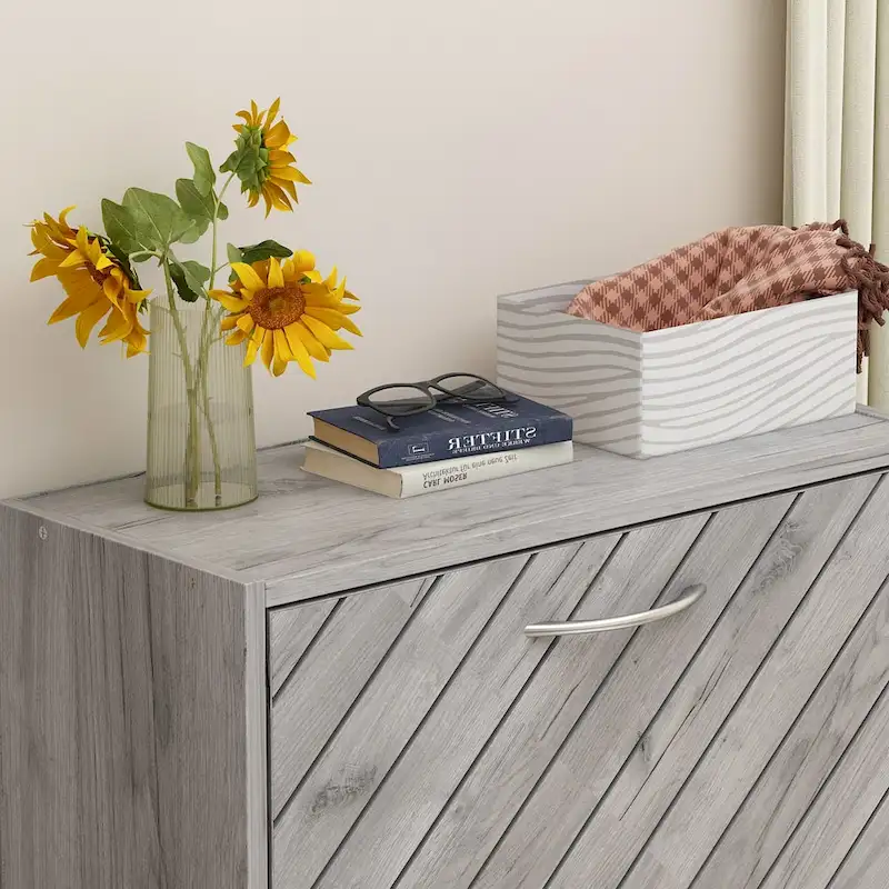 Freestanding 3-Flip-Drawer Shoe Cabinet, Grey/Oak, Holds 12–15 Pairs