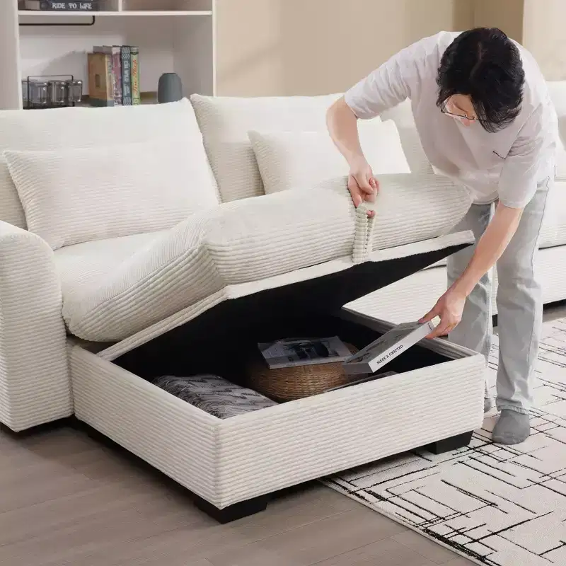 Okak Stylish Square Corduroy Storage Ottoman Bench with Hidden Storage Upholstered Foot Rest to Combine with Sofa for Living Room Bedroom