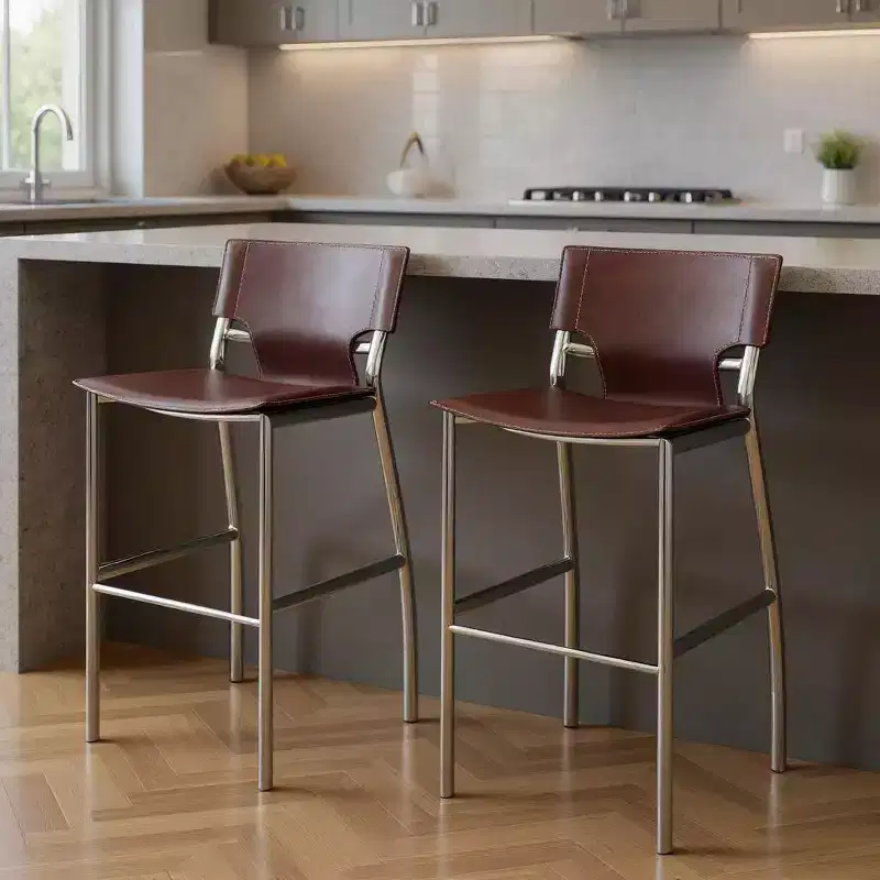 HomeRoots Set of Two 25 Brown and Silver Faux Leather and Metal Low Back Counter Height Bar Chairs