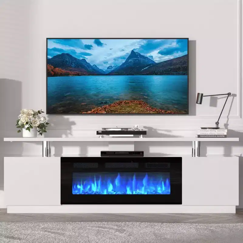 Modern Fireplace TV Stand with Dual Control, 12 Flame Colors, Ember Bed, Ample Storage, Cable Management 70 Media Console for Living Room, White
