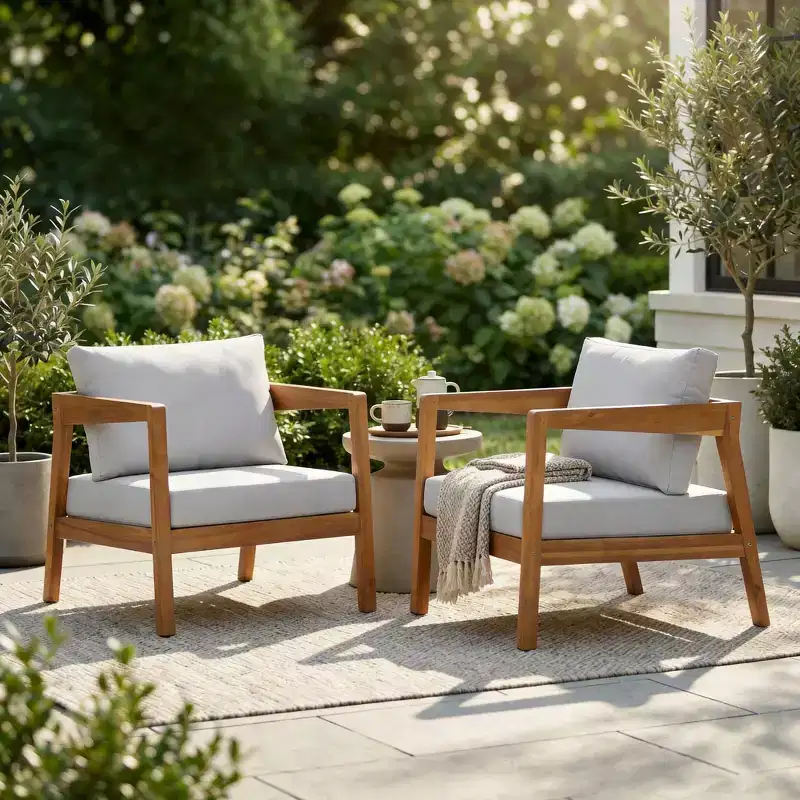 Christopher Knight Home Kittisak Farmhouse Acacia Wood Upholstered Patio Lounge Chairs with Cushion (Set of 2)