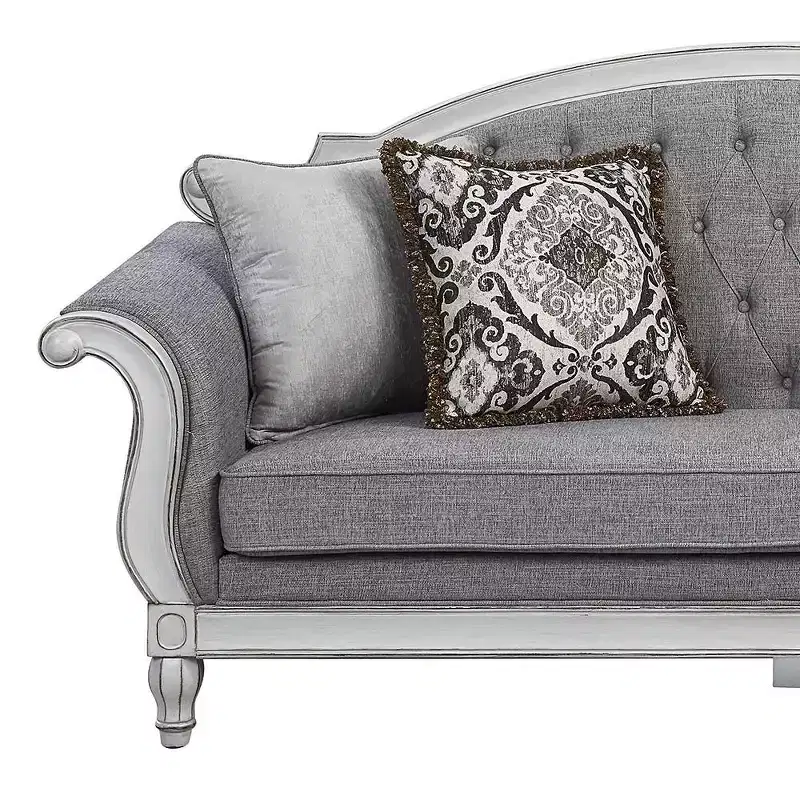 88 Florian Sofa Gray Fabric and Antique White Finish - Acme Furniture: Leather Upholstery, Wood Frame, Includes Accent Pillow