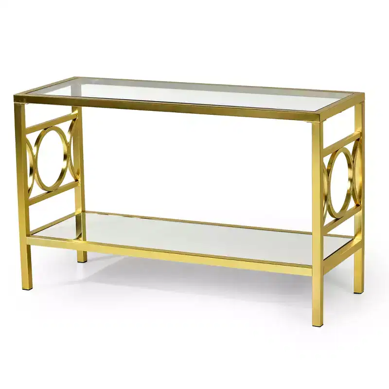 Glass and Chrome Sofa Table, Gold Finish, Mirrored Base, Circular Side Design, No Tools Assembly