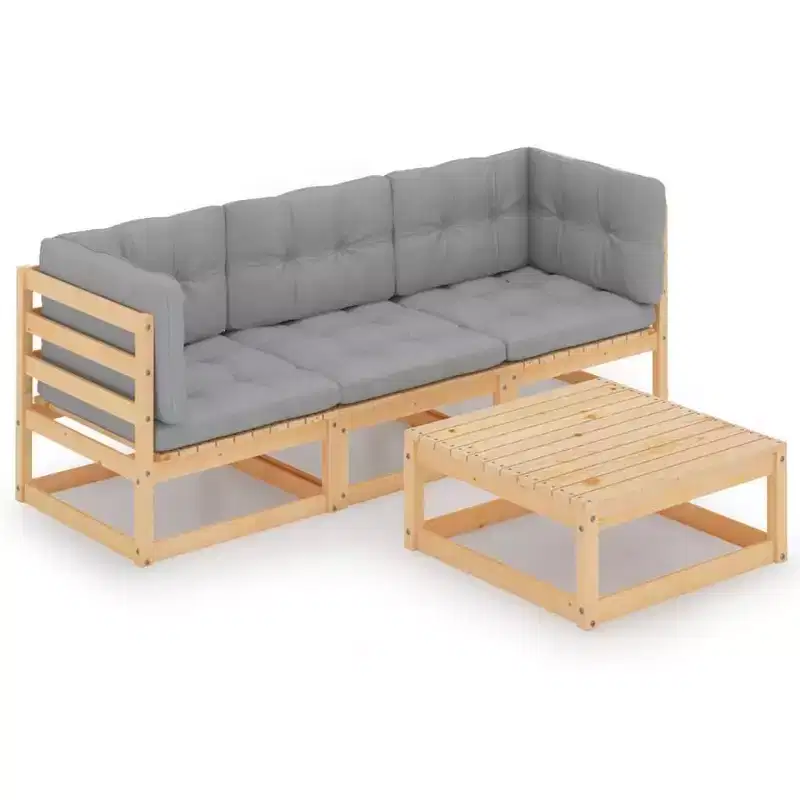 vidaXL 4 Piece Patio Lounge Set with Cushions Solid Wood Pine - Natural Yes