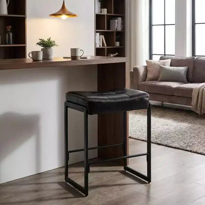 24 Modern Saddle Counter Stool, Waxed PU Leather Bar Stool with Curved Seat & Footrest for Kitchen Island, Living Room, Dining & Cafe