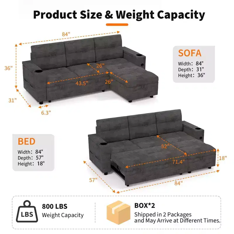Modular Sectional Sleeper Sofa with Pull Out Bed, l Shaped Cloud Sleeper Couch with Reversible Storage Chaises for Living Room, Dark Grey